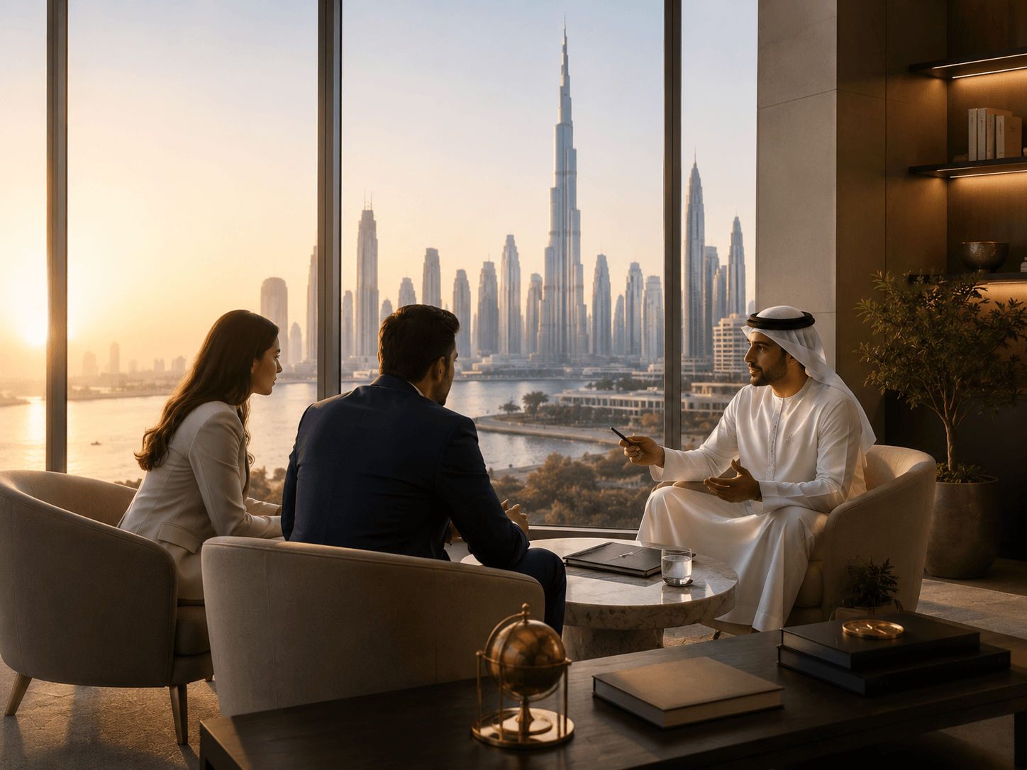 Professional consultants and clients engaged in thoughtful discussion in a modern executive office.